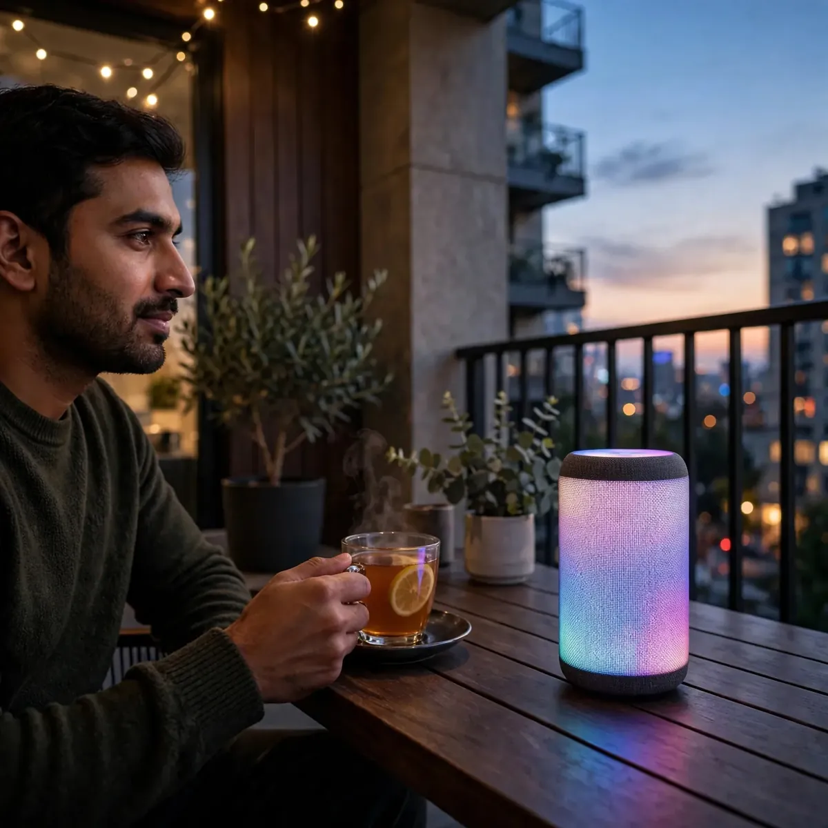 Joyroom JR-MS01 ambient light speaker glowing on a balcony at dusk