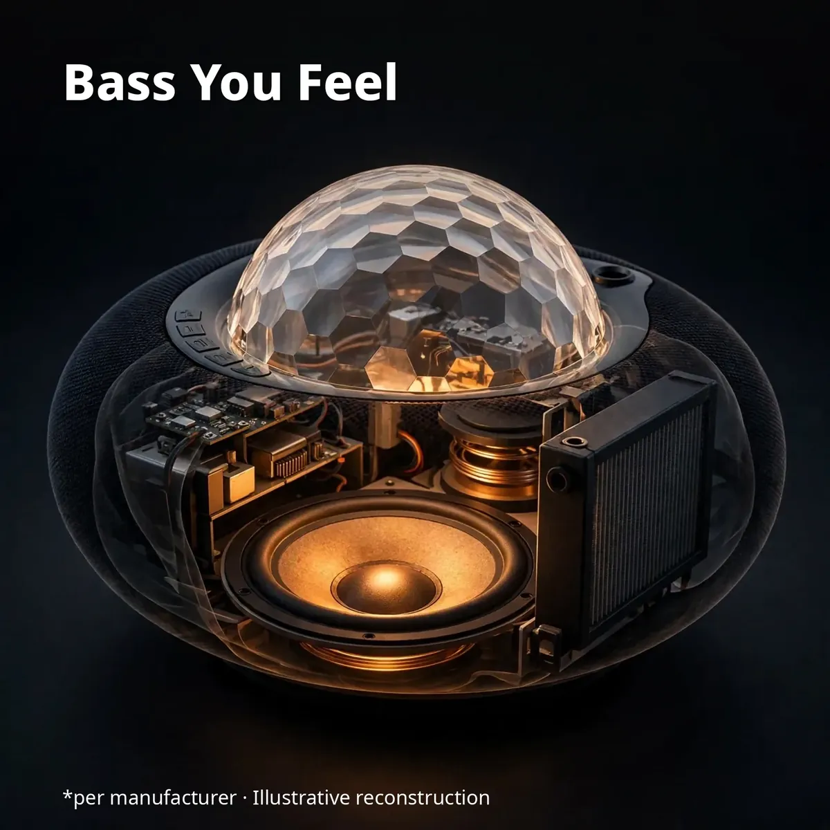 Illustrative x-ray of the Joyroom JR-MS02 passive radiator that delivers felt bass