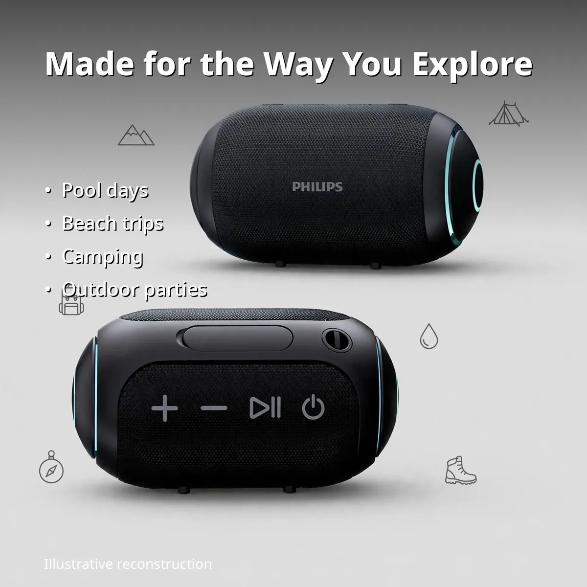 Philips TAS3209 use cases card for pool days, beach trips, camping and outdoor parties