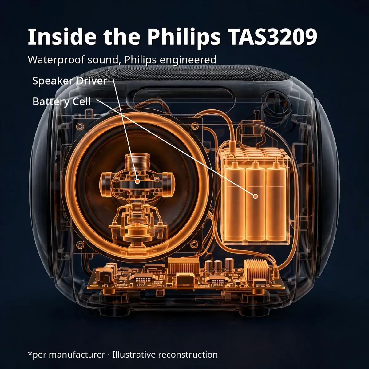 Illustrative x-ray of the Philips TAS3209 showing the speaker driver and battery cell