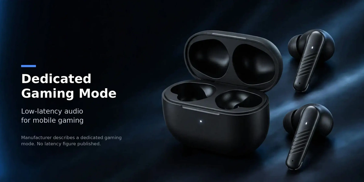 Awei T108 gaming-mode feature card: dedicated low-latency gaming mode for mobile gaming, manufacturer-claimed