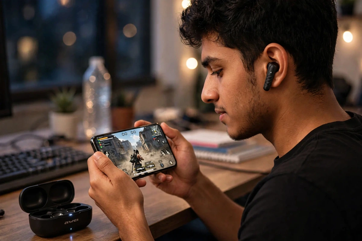 Gamer playing a mobile game wearing Awei T108 earbuds with the open case on the desk