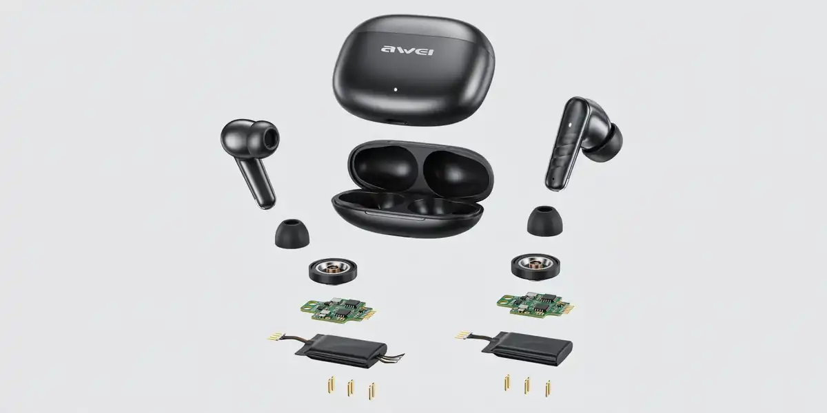 Exploded-view illustration of Awei T108 earbud components, illustrative reconstruction