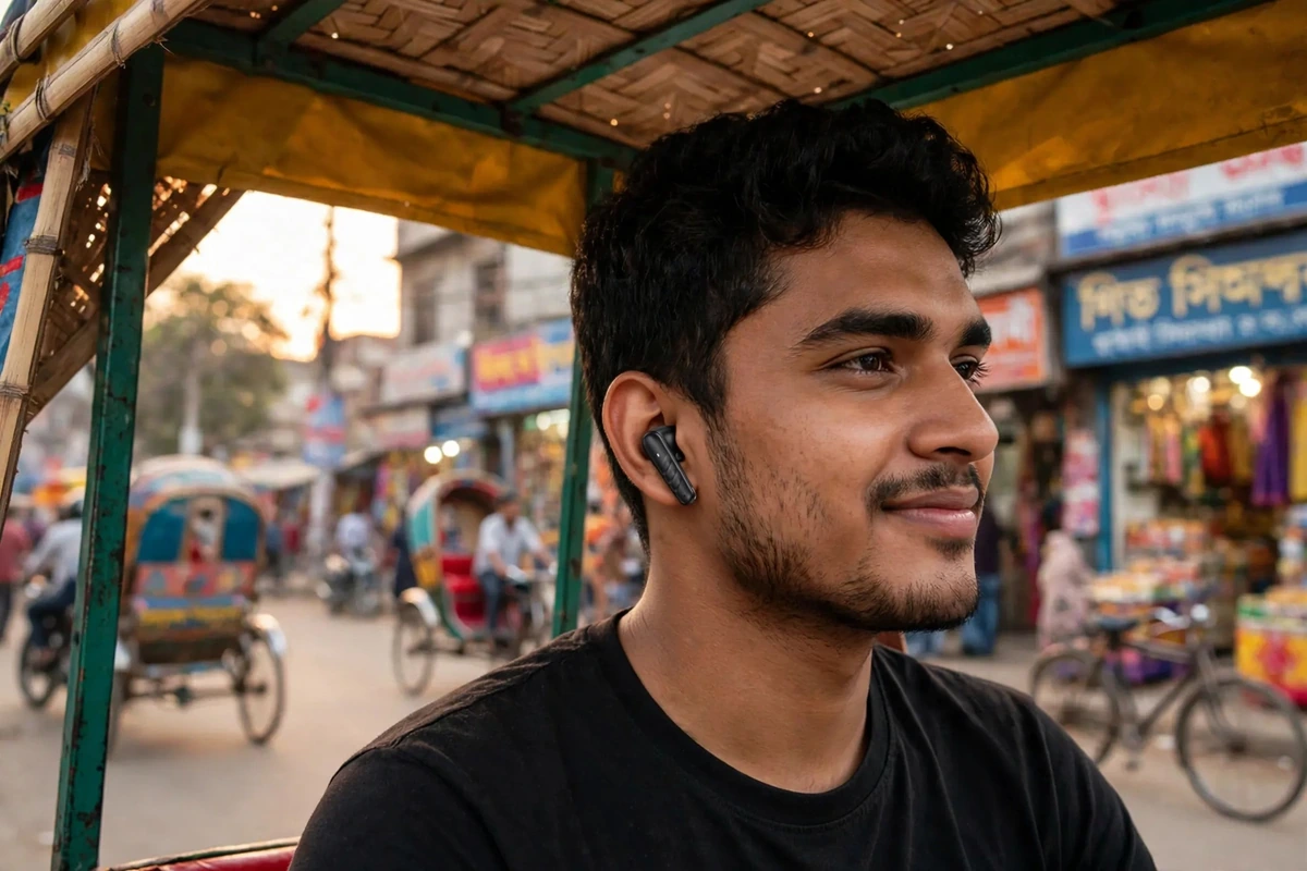 Commuter in a cycle rickshaw on a Dhaka street wearing an Awei T108 earbud