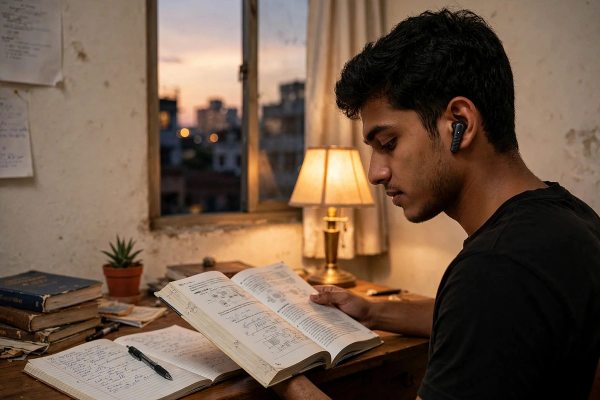 Student studying at home in Dhaka wearing Awei T108 earbuds