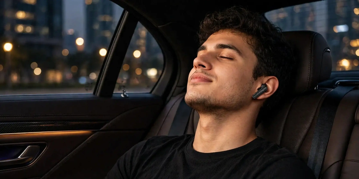Young man relaxing in a luxury sedan at dusk wearing an Awei T108 earbud