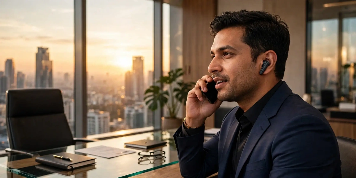 Businessman in an executive office wearing an Awei T108 earbud, lifestyle