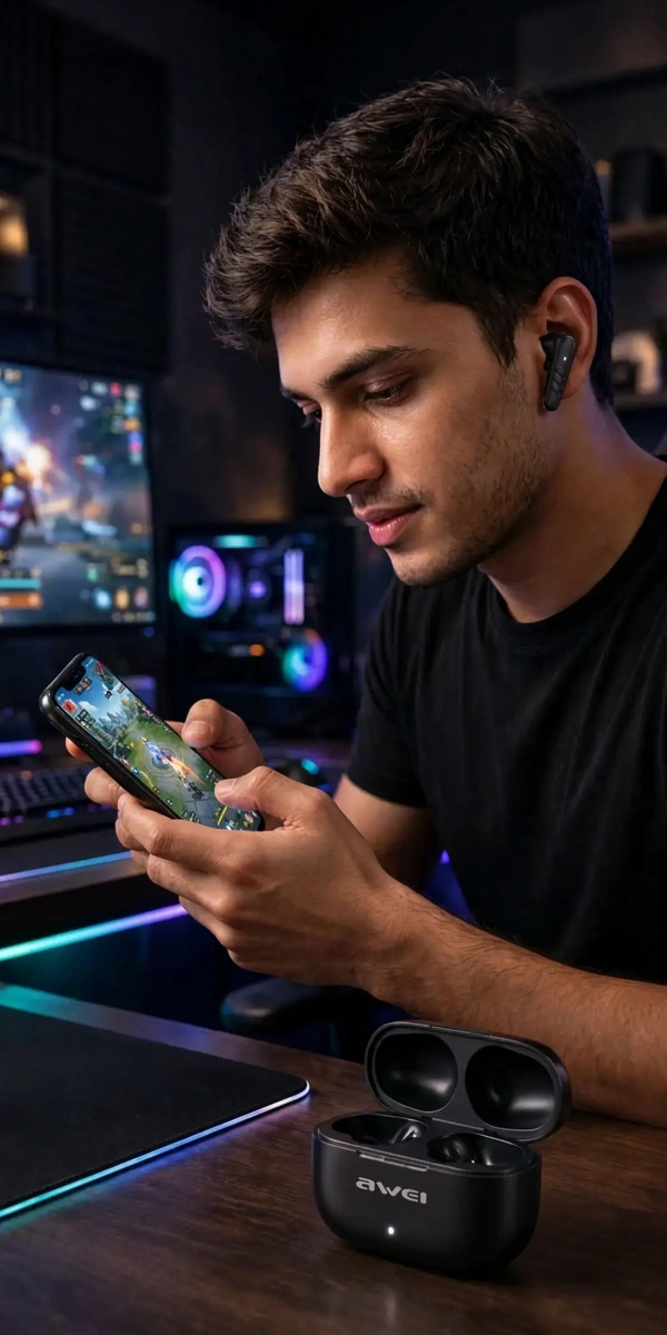 Young Bangladeshi man gaming in a luxury RGB gaming room wearing Awei T108 earbuds