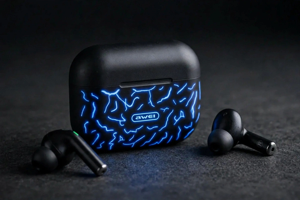 Awei T29 Pro benefit card: closed charging case with illuminated blue lightning RGB pattern and earbuds beside