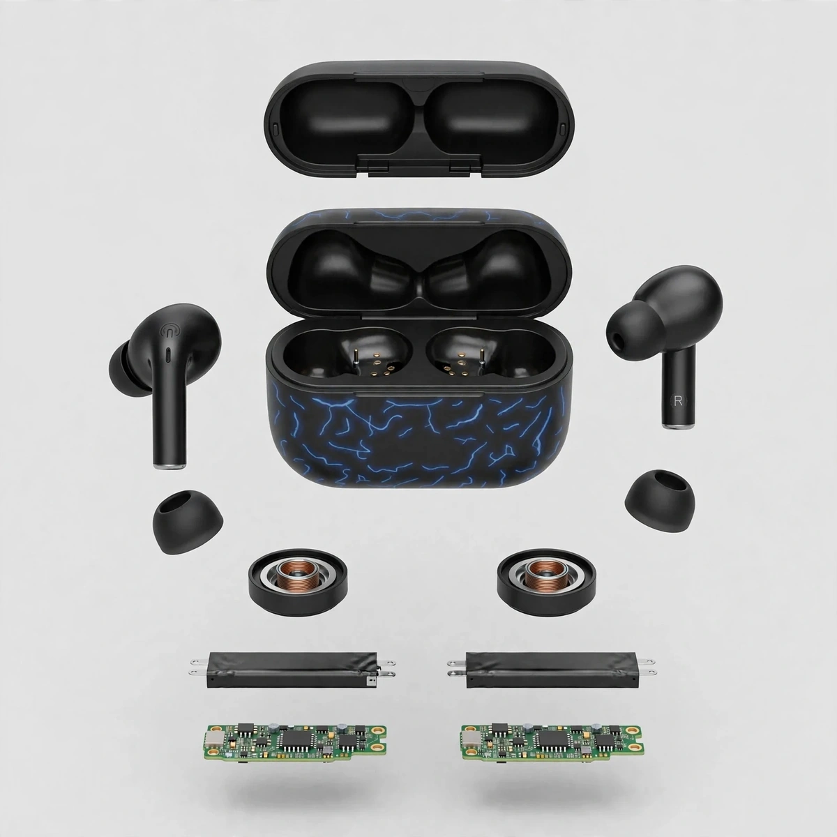 Exploded-view illustration of Awei T29 Pro earbud components, illustrative reconstruction