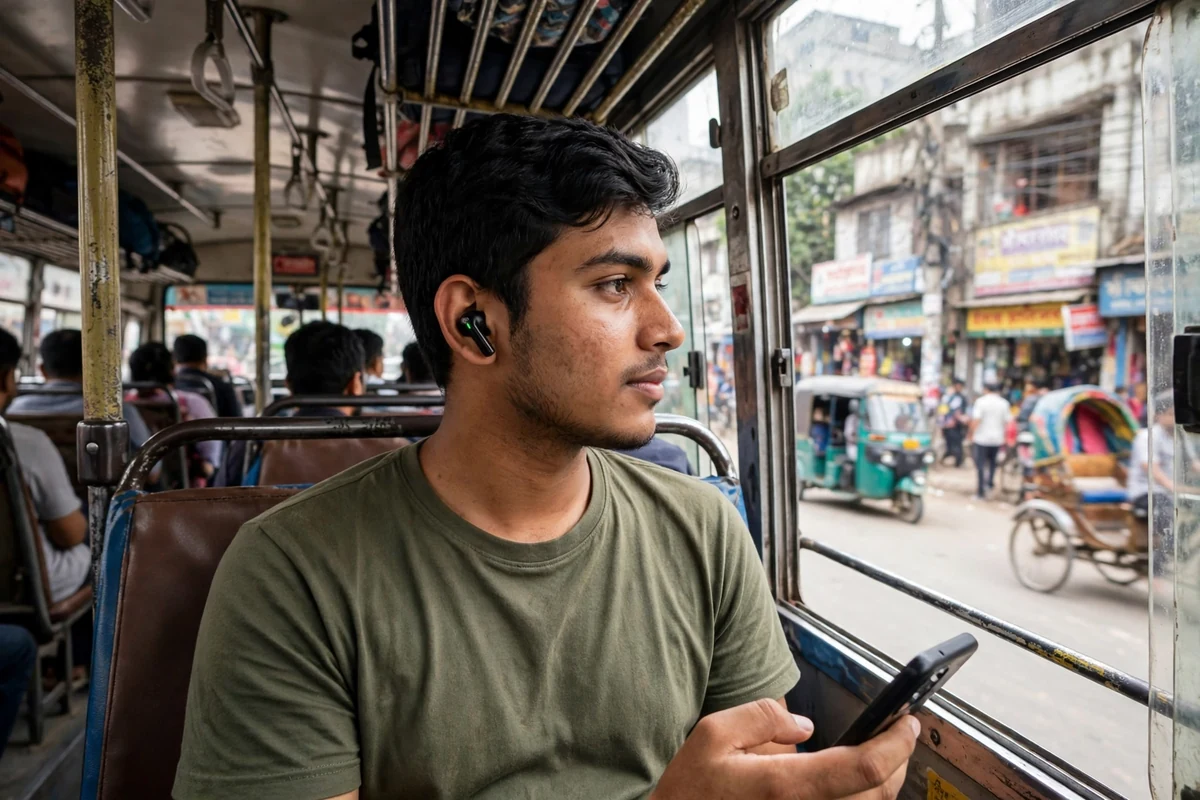 Young man on a Dhaka city bus wearing an Awei T29 Pro earbud