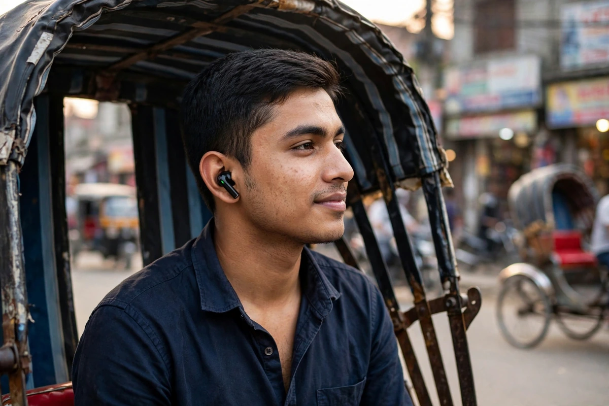 Commuter in a cycle rickshaw on a Dhaka street wearing an Awei T29 Pro earbud