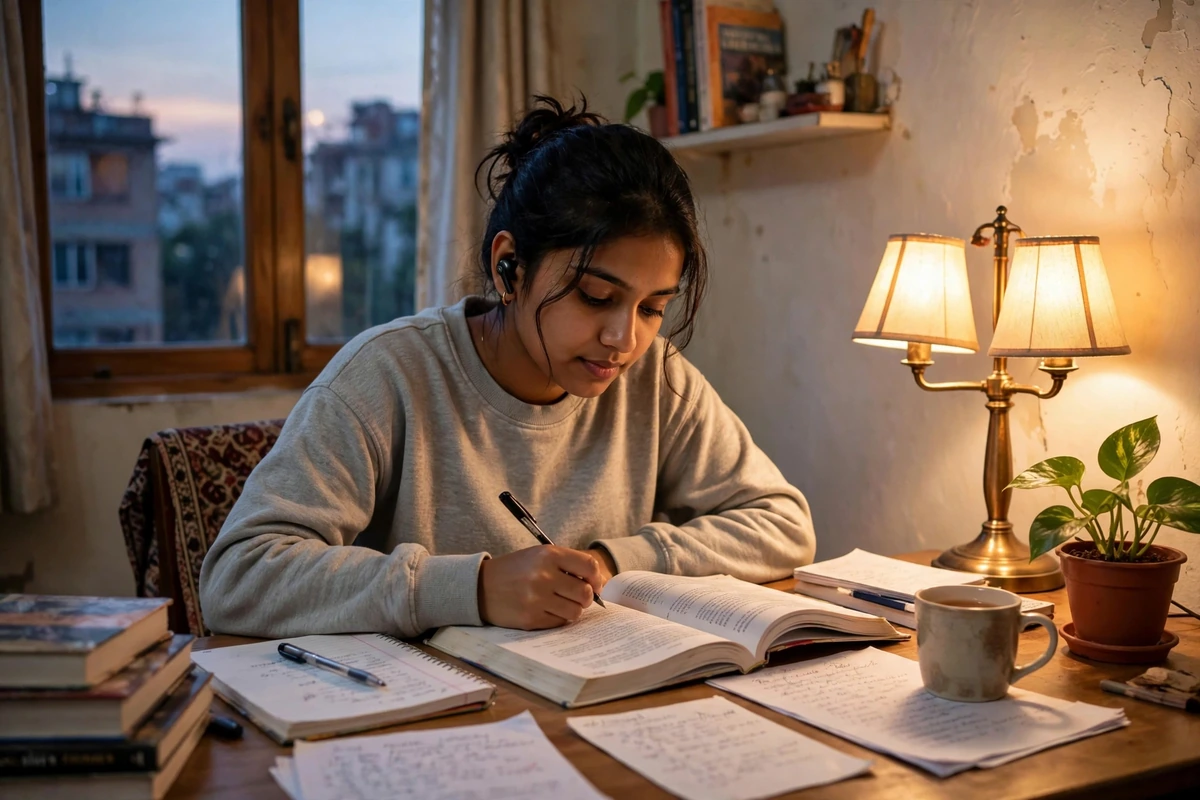 Student studying at home in Dhaka wearing Awei T29 Pro earbuds