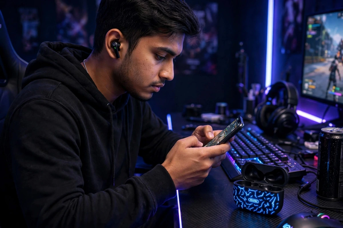 Young Bangladeshi man gaming in an RGB gaming room wearing Awei T29 Pro earbuds