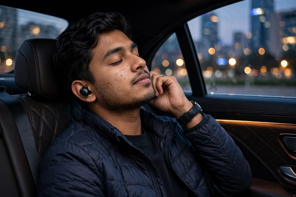 Young man relaxing in a luxury sedan at dusk wearing a BYZ T61 Bean earbud