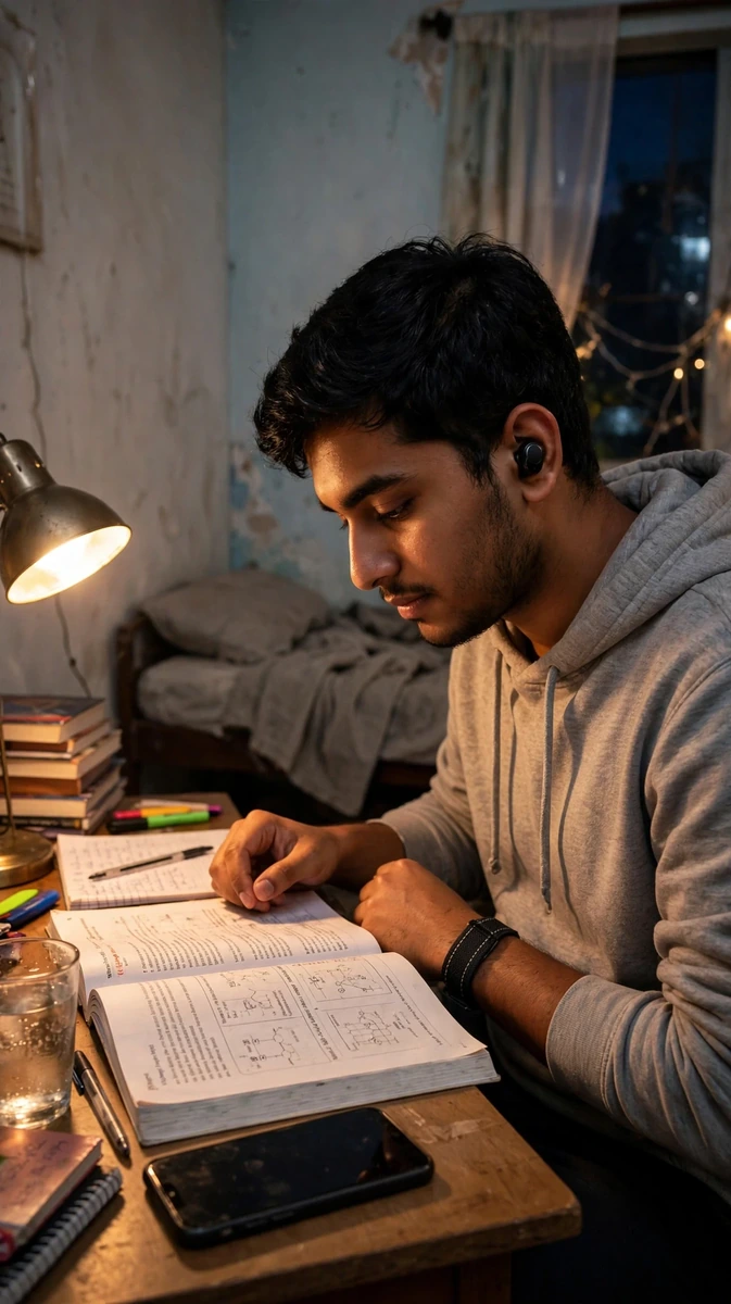 Young man at an office desk in Dhaka wearing a BYZ T61 Bean earbud