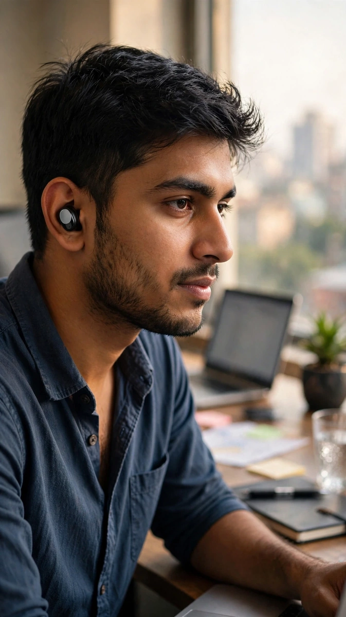 University student studying at a desk wearing a BYZ T61 Bean earbud