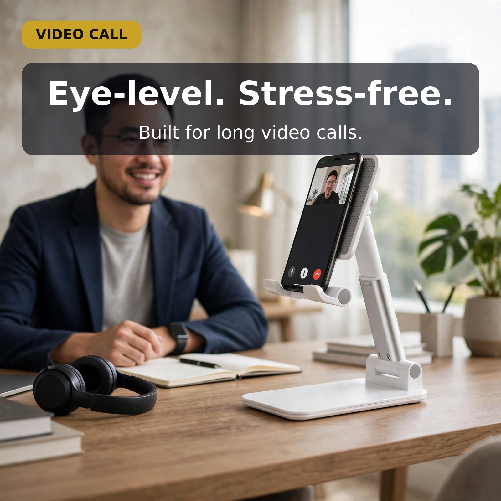 folding phone stand in use for video calls
