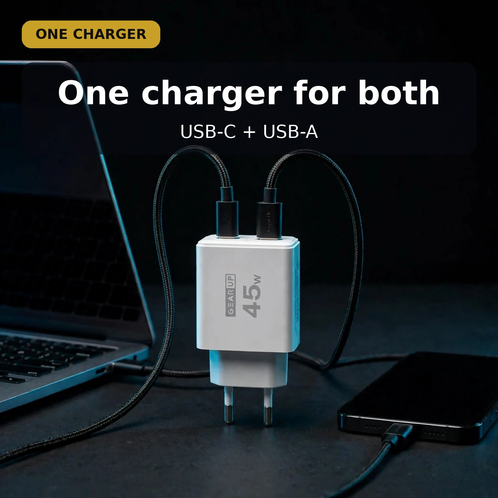 GearUP GP007 one 45W fast charging brick for laptop and phone