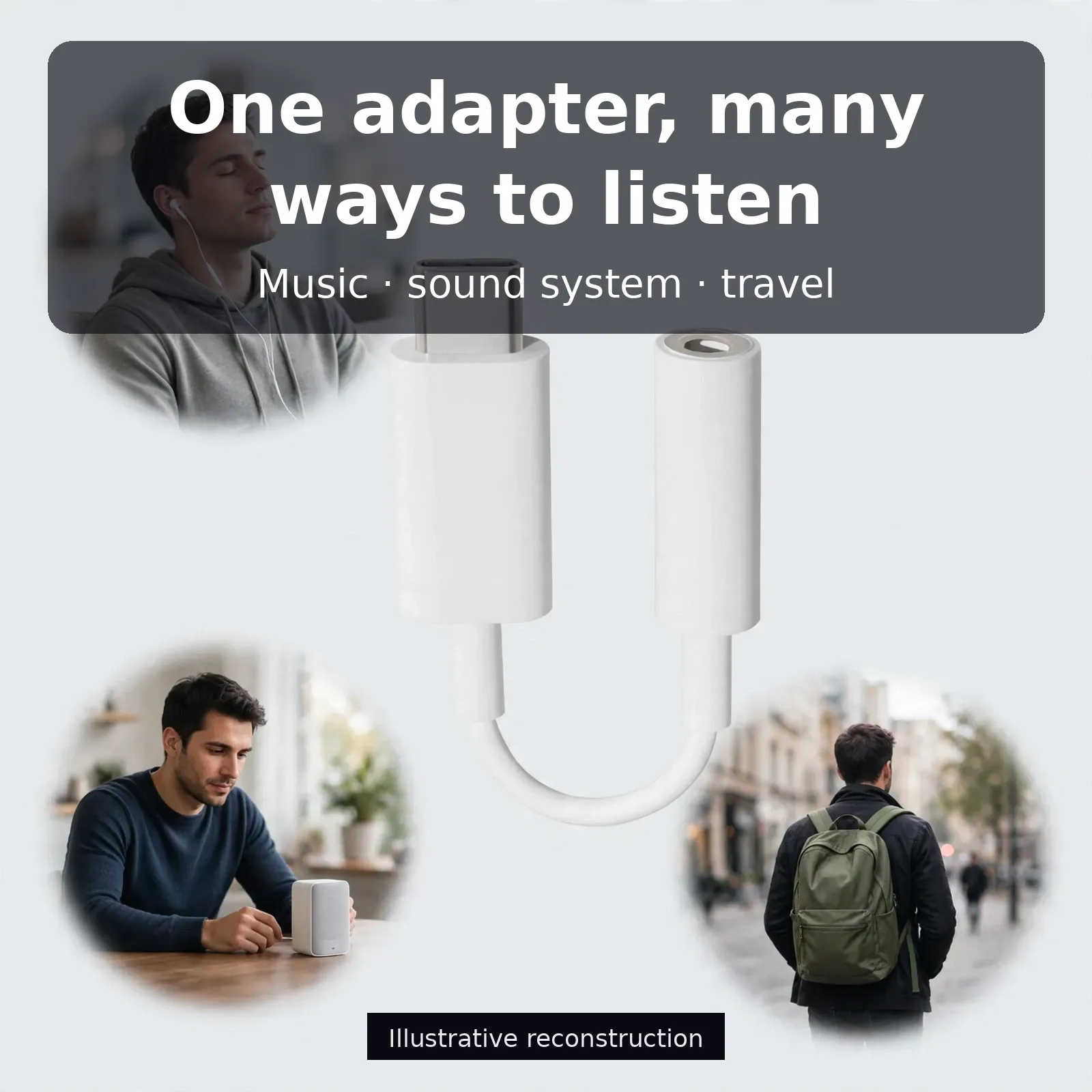 One Google USB-C adapter, many ways to listen — music, sound system, travel