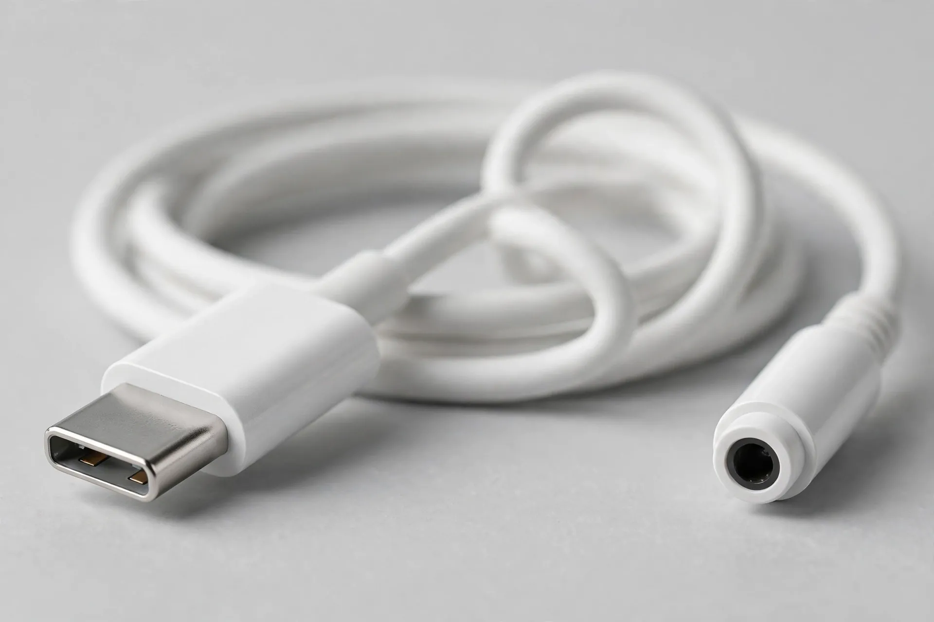Google USB-C to 3.5mm adapter — USB-C male plug and 3.5mm female jack, coiled