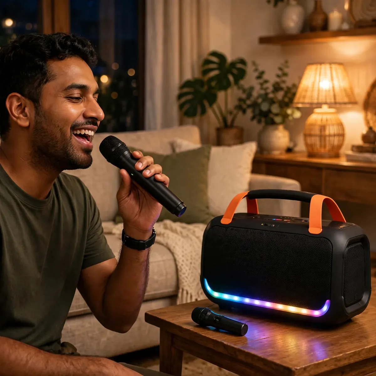 Lifestyle photo of a man singing karaoke into the Hoco DS64 wireless mic with the speaker glowing beside him