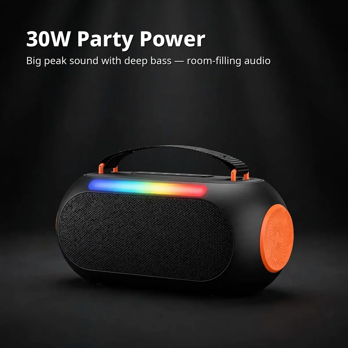 Hoco DS64 power card showing 30W party power with deep bass on dark studio backdrop
