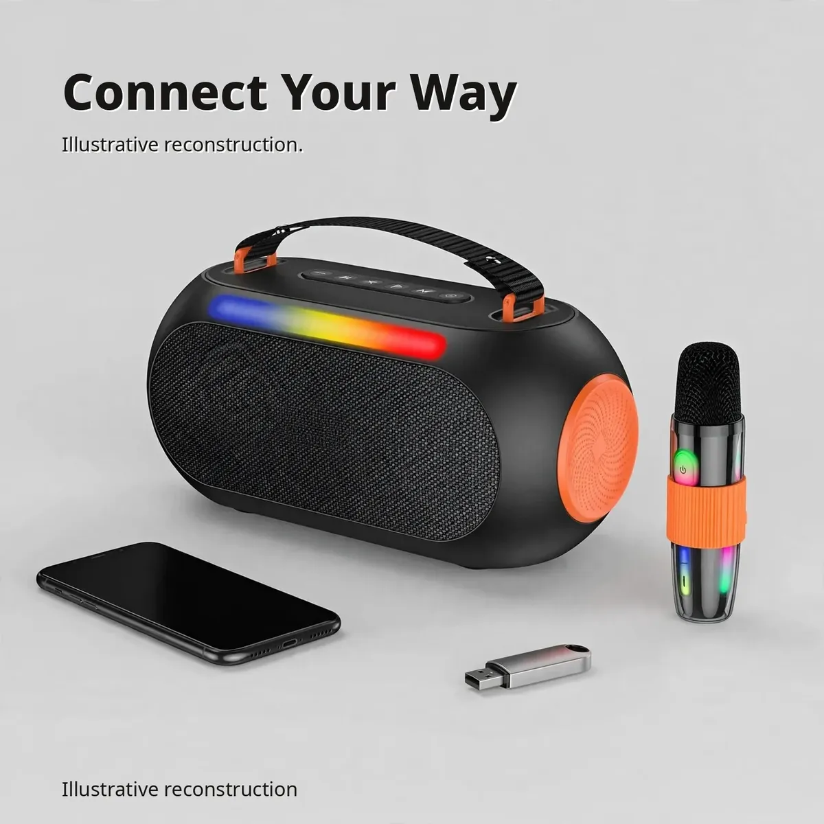 Illustrative reconstruction connectivity map of the Hoco DS64 with Bluetooth 5.3, USB disk, phone and wireless mic