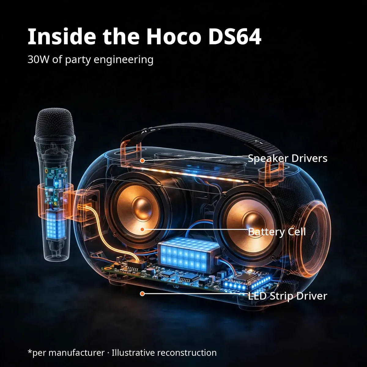 Illustrative x-ray cutaway of the Hoco DS64 revealing dual drivers, battery cell and LED strip driver