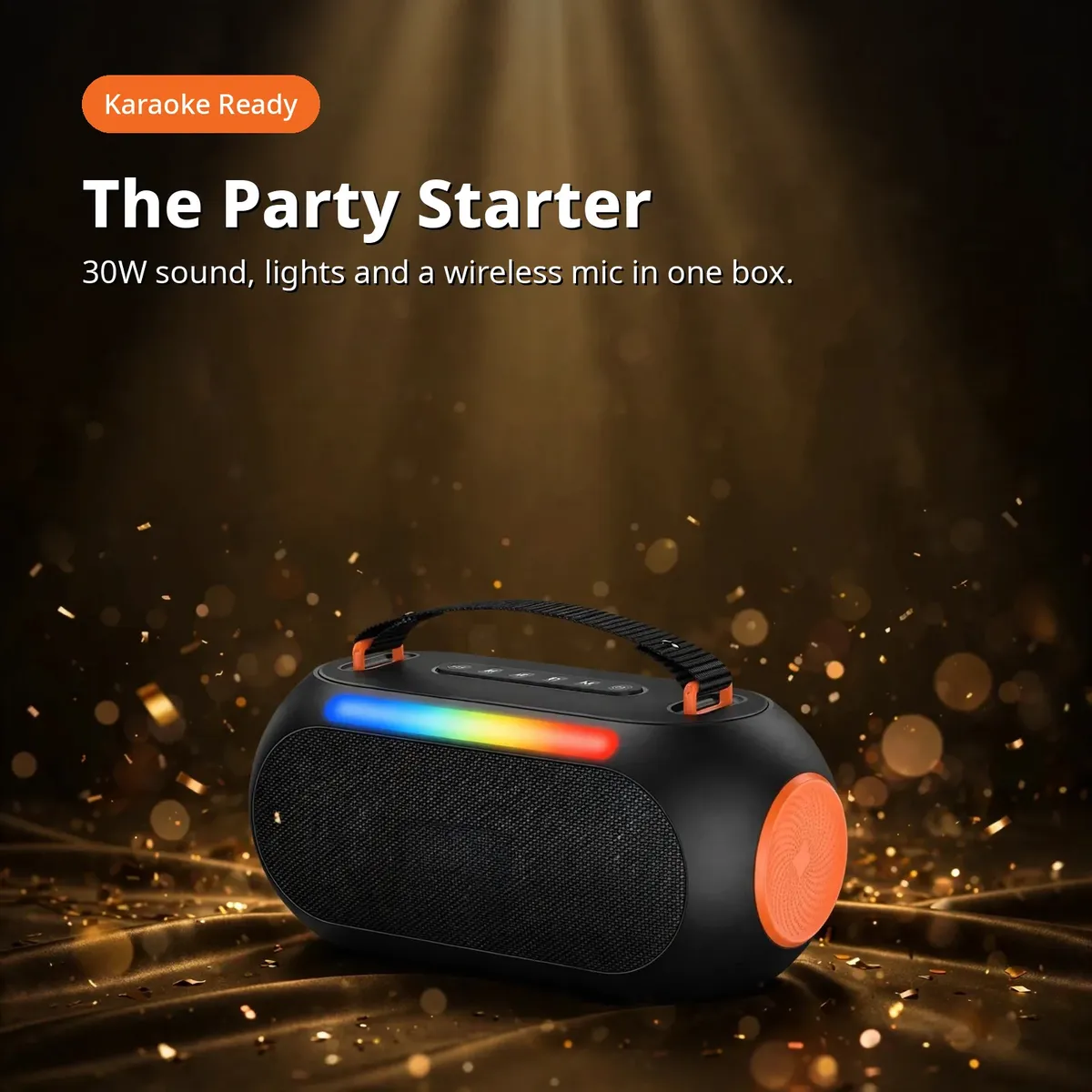 Hoco DS64 promo shot on dark-gold backdrop with The Party Starter headline and Karaoke Ready badge