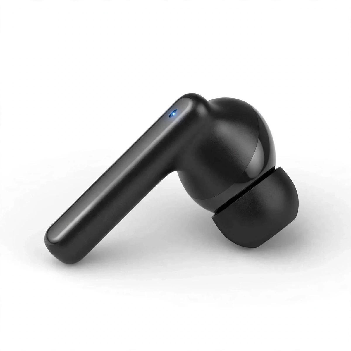 Close-up of a single black Hoco EQ2 earbud showing the long straight stem and half-in-ear shape