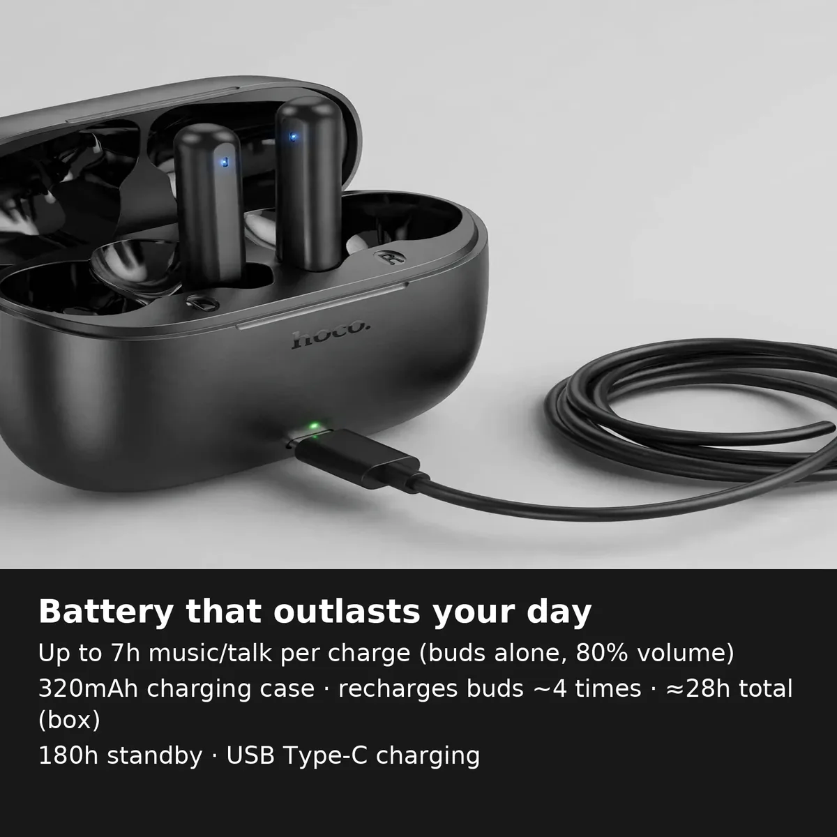 Hoco EQ2 battery card: 7 hours per charge, 320mAh case, about 28 hours total per retail box, 180-hour standby, Type-C charging