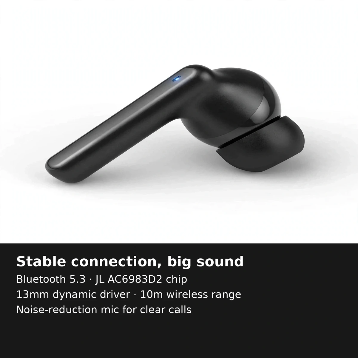 Hoco EQ2 feature card: Bluetooth 5.3, JL AC6983D2 chip, 13mm driver, 10-meter range and noise-reduction microphone