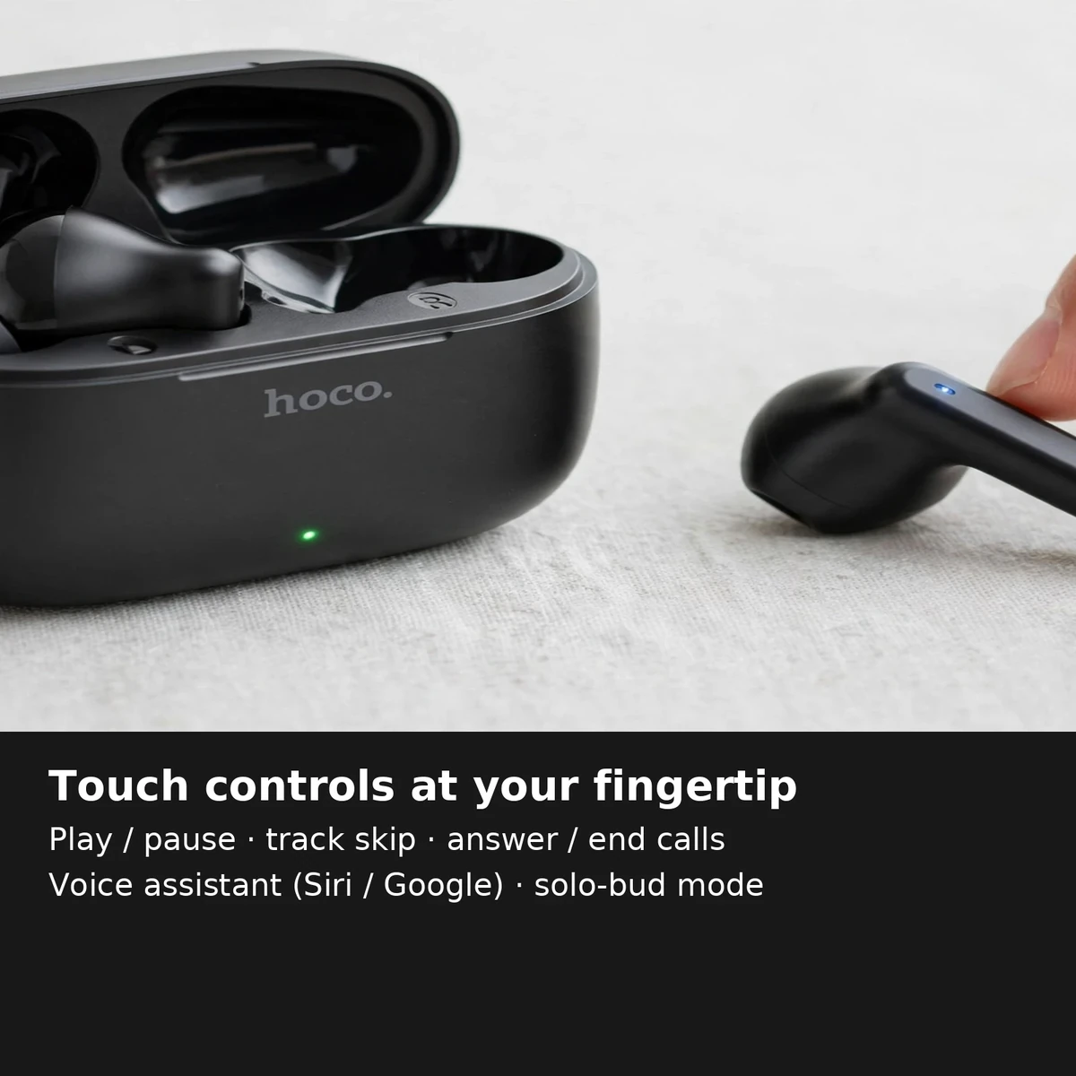 Hoco EQ2 touch controls card: play and pause, track skip, calls, voice assistant and solo-bud mode