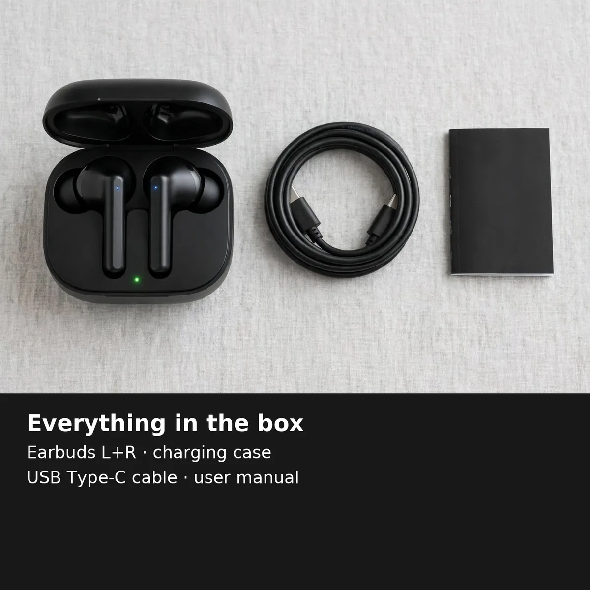 Hoco EQ2 box contents flat lay: earbuds left and right, charging case, Type-C cable and user manual