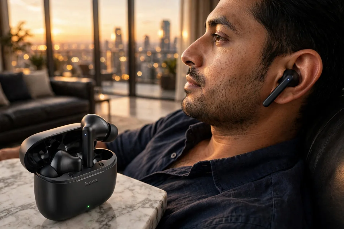 Man relaxing with Hoco EQ2 earbuds in a luxury penthouse at golden hour
