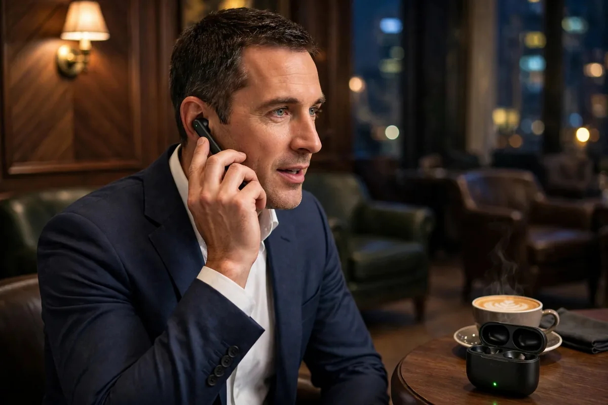International businessman on a call wearing Hoco EQ2 earbuds in an exclusive lounge