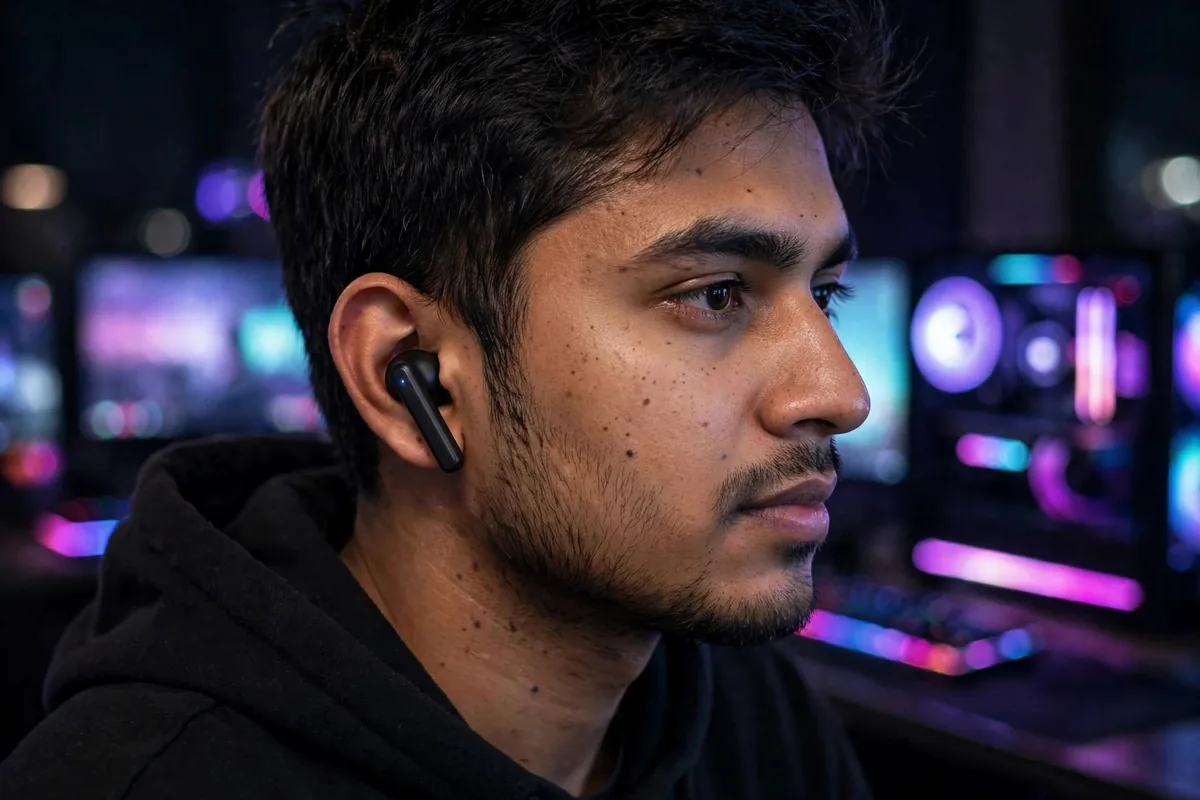 Young Bangladeshi man gaming with Hoco EQ2 earbuds in a high-end gaming room