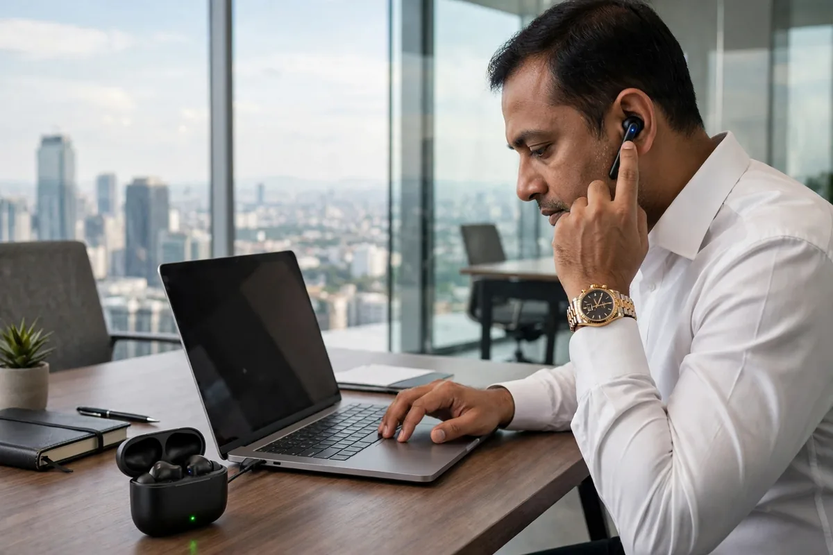 Bangladeshi executive wearing Hoco EQ2 earbuds in a modern executive office