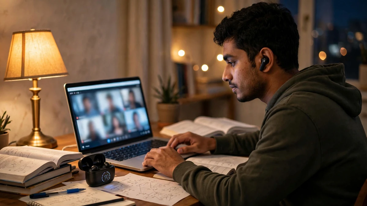 Young Bangladeshi man on a video call at home wearing a black Hoco EQ22 earbud, charging case on the desk