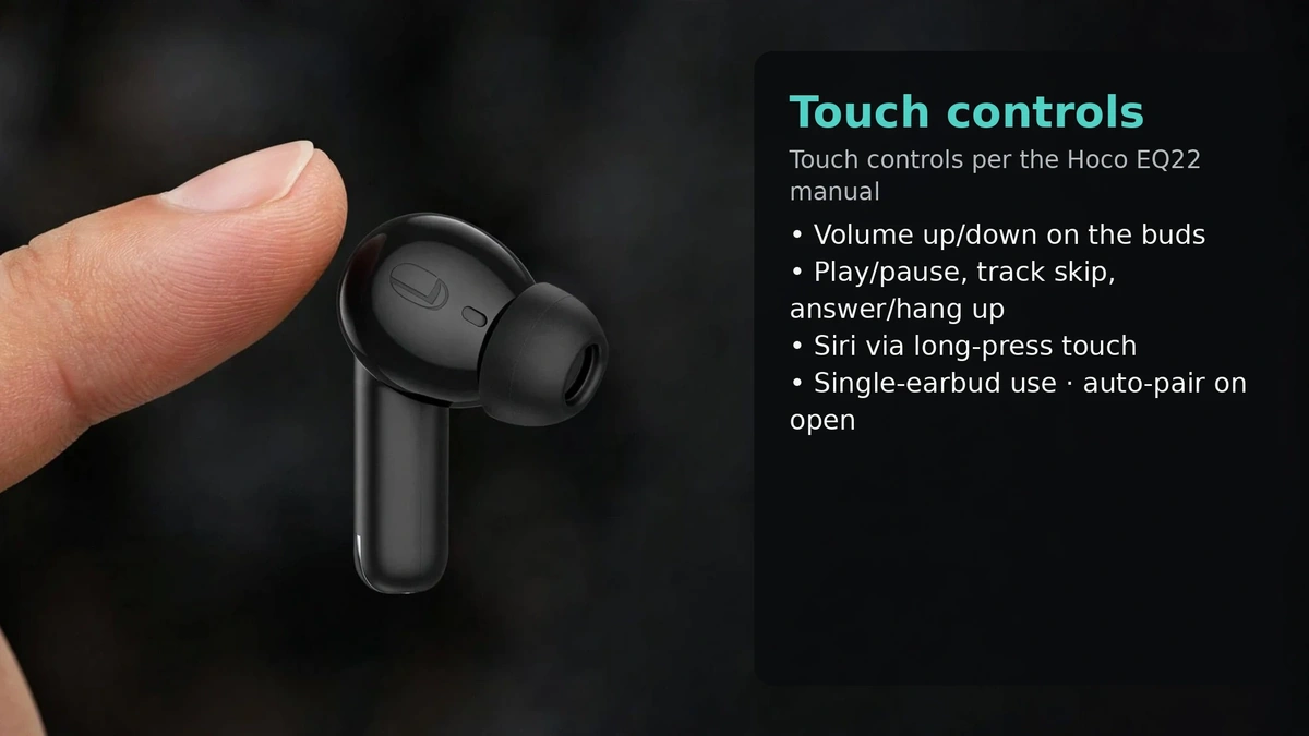 Hoco EQ22 touch-control card: touch volume, play/pause, track skip, Siri long-press, single-earbud use, auto-pair