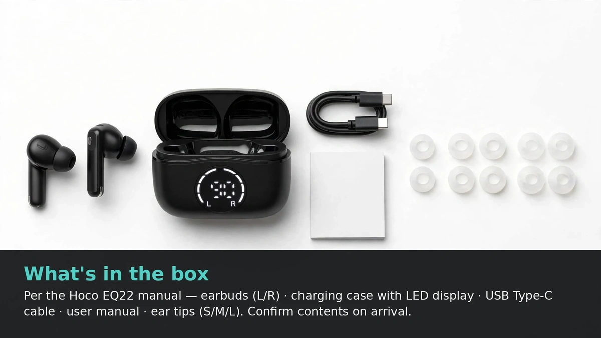 Flat-lay of Hoco EQ22 box contents: earbuds, open case, USB-C cable, manual booklet, ear-tip pairs