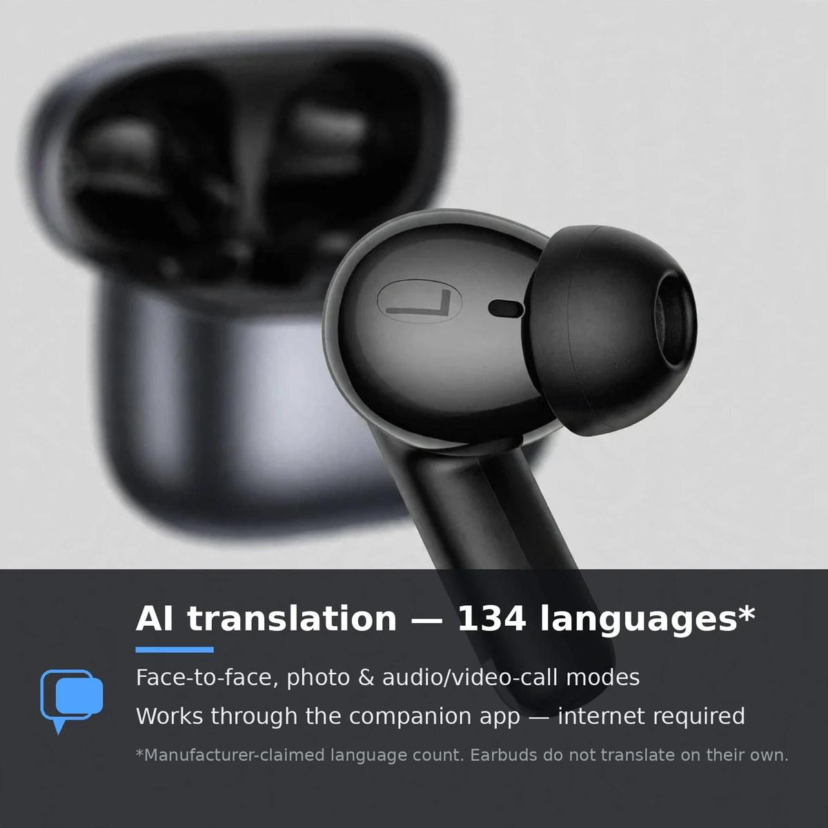 Hoco EQ27 translation feature card: AI translation in 134 languages, modes, app plus internet required — verified claims only