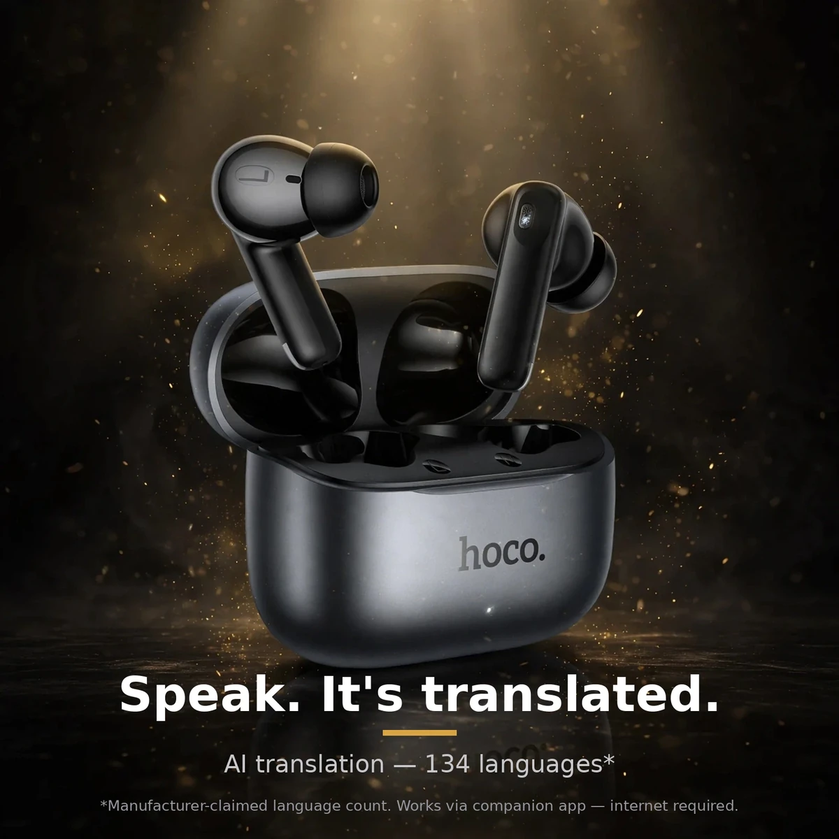 Hoco EQ27 promo card: 'Speak. It's translated.' — AI translation, 134 languages, manufacturer-claimed, internet required