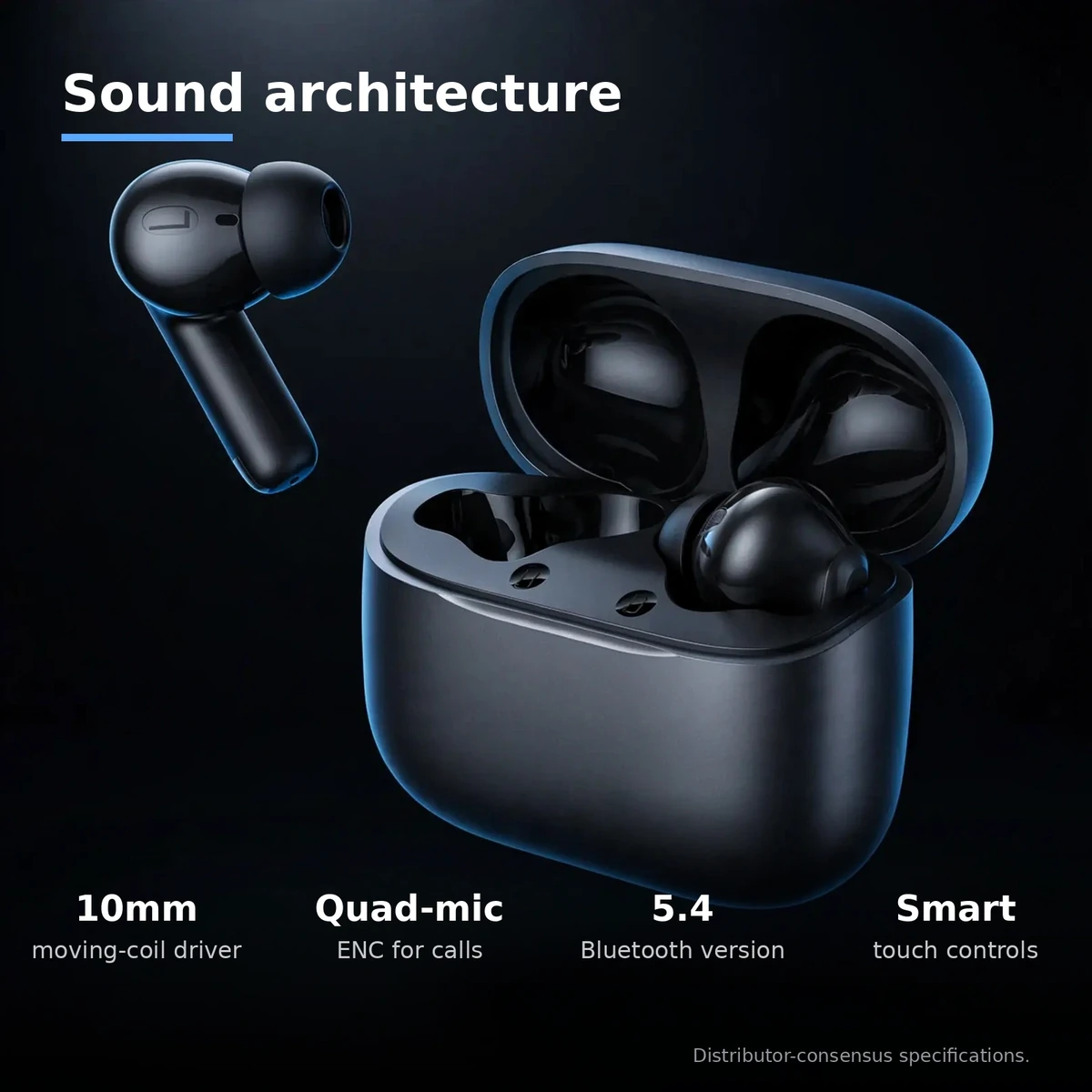 Hoco EQ27 sound architecture infographic: 10mm moving-coil driver, quad-mic ENC, Bluetooth 5.4, smart touch controls — distributor-consensus specs