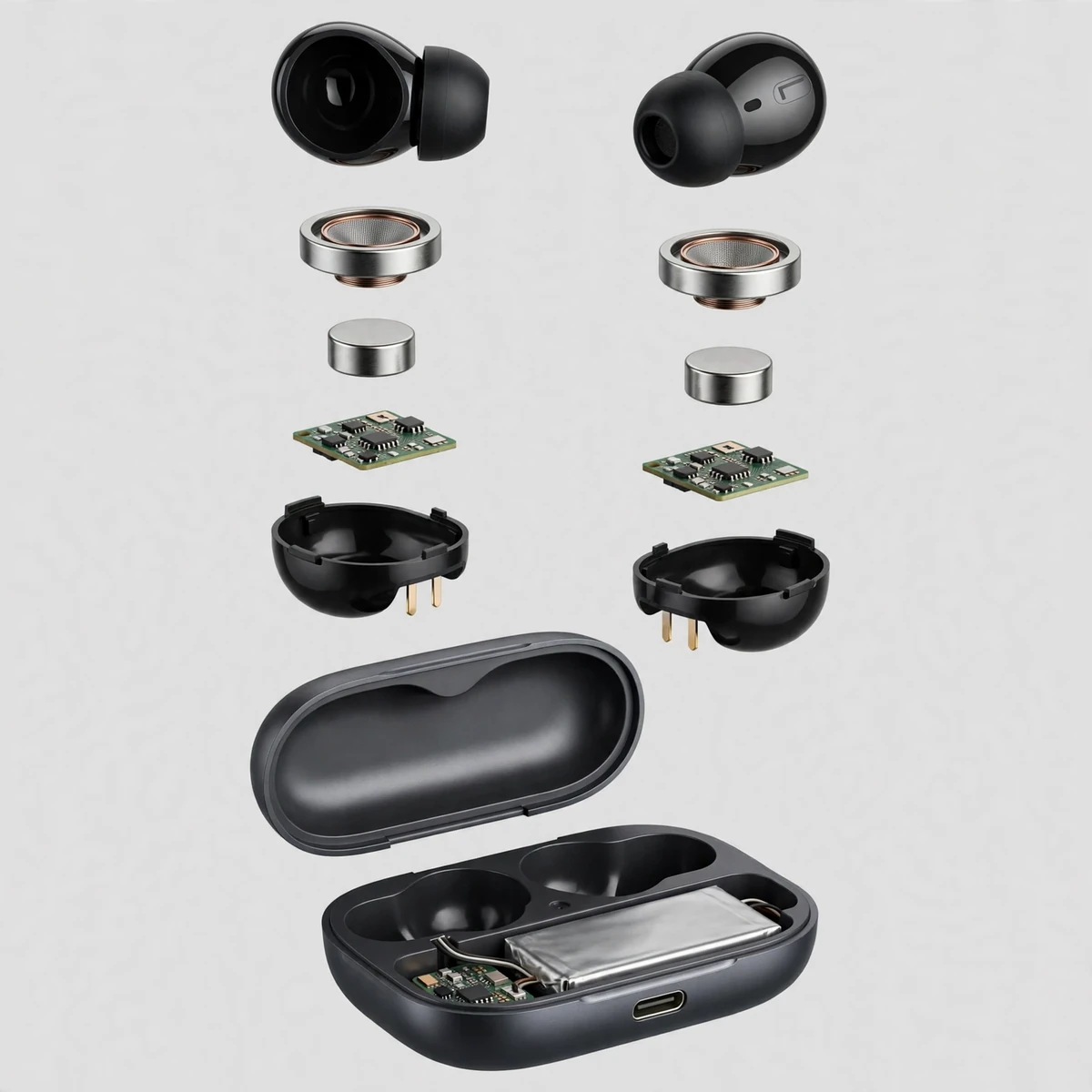 Illustrative exploded view of Hoco EQ27 earbud and case components — illustrative reconstruction, not a real teardown