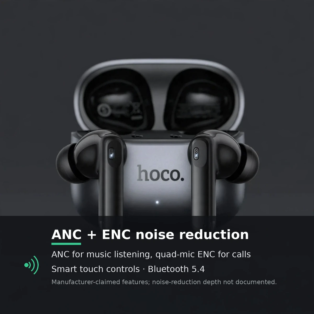 Hoco EQ27 ANC card: ANC plus ENC noise reduction, quad-mic ENC, Bluetooth 5.4 — ANC depth undocumented