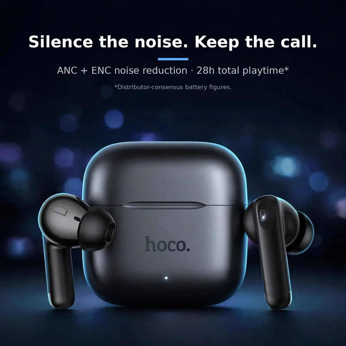 Hoco EQ27 promo card: 'Silence the noise. Keep the call.' — ANC plus ENC noise reduction, 28 hours total playtime, distributor-consensus