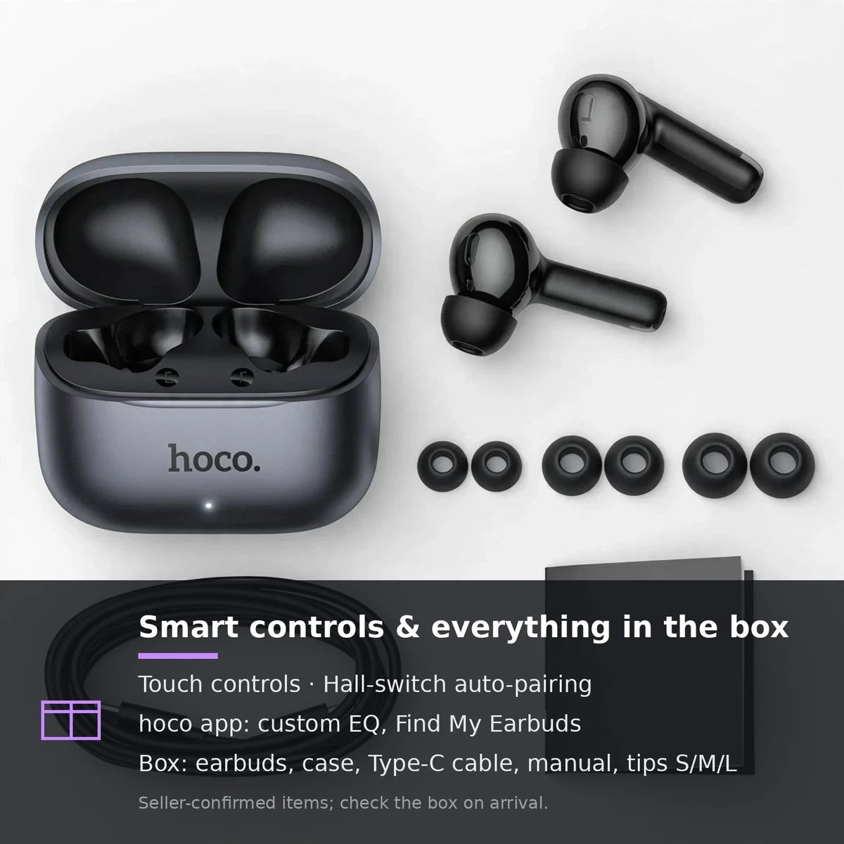 Hoco EQ27 box-contents card: earbuds, charging case, cable, manual, ear tips — seller-confirmed, check on arrival
