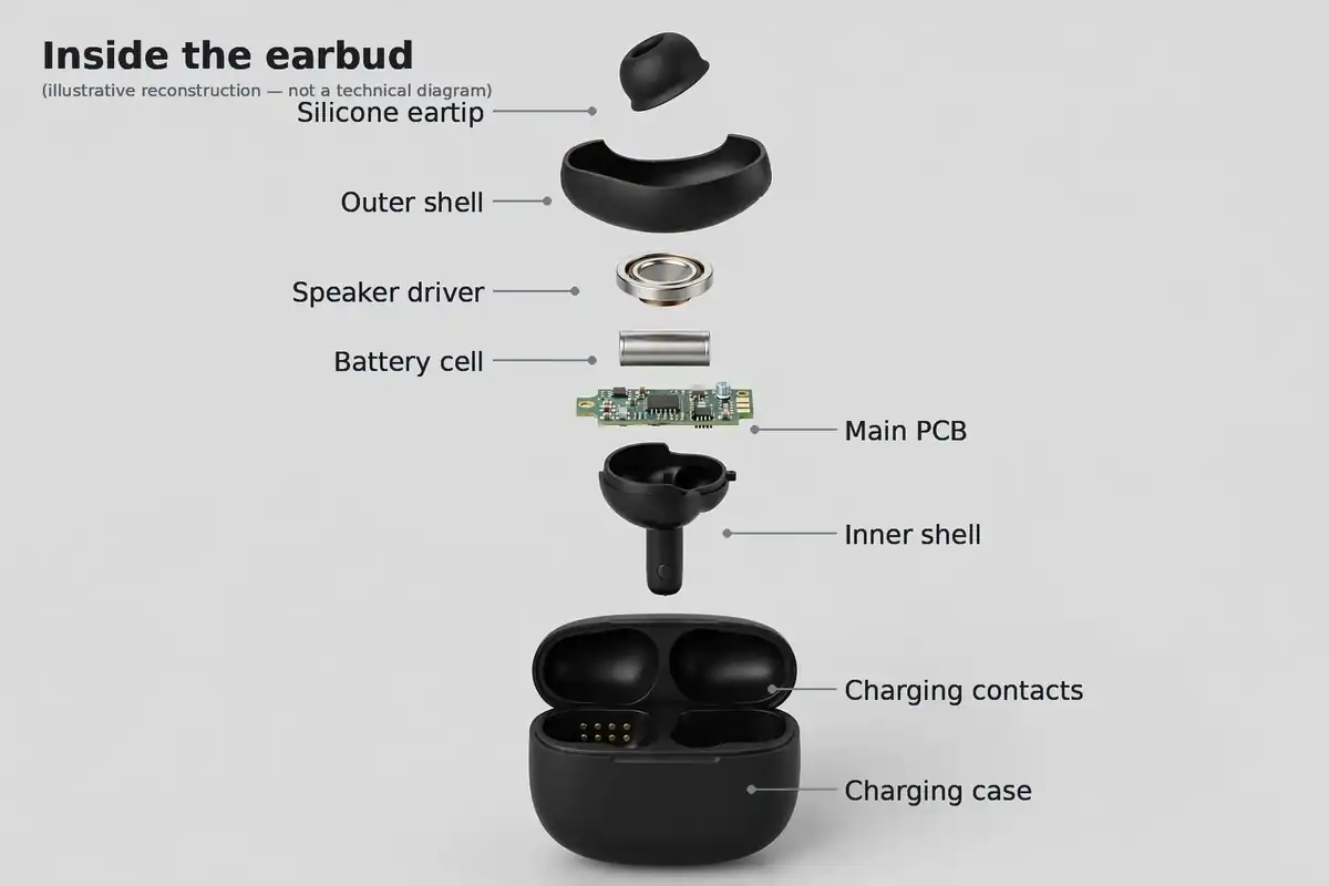 Exploded-view illustration of Hoco EQ34 Plus earbud components, illustrative reconstruction